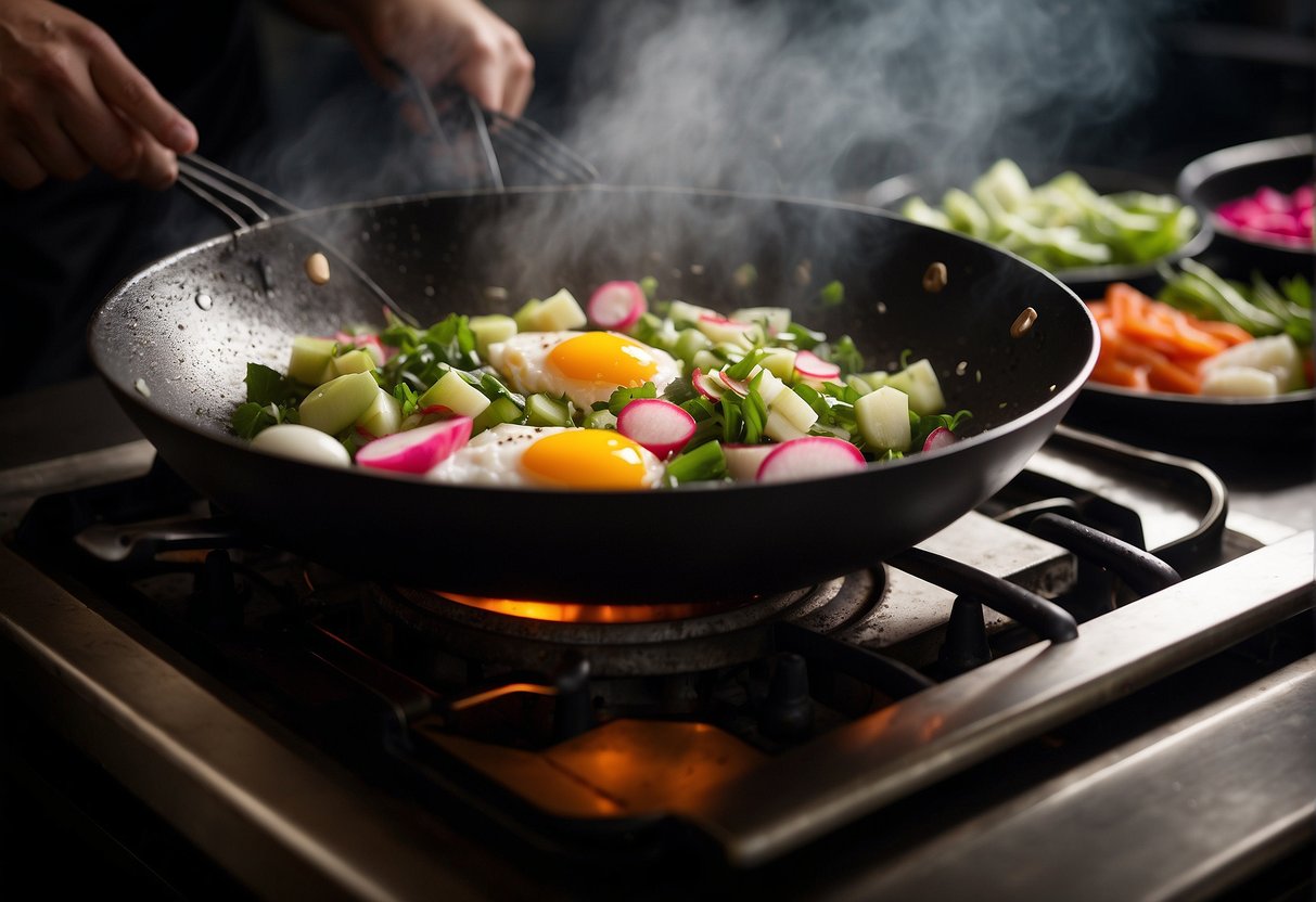 A steaming wok sizzles with diced radish, eggs, and savory seasonings, as a chef expertly flips and stirs the fragrant mixture