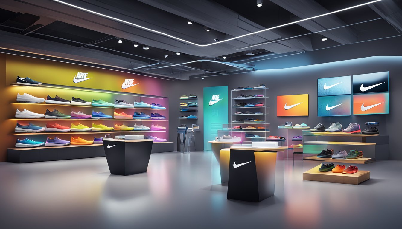 A sleek and modern display of Nike's innovation and technology brands, featuring cutting-edge products and futuristic design elements