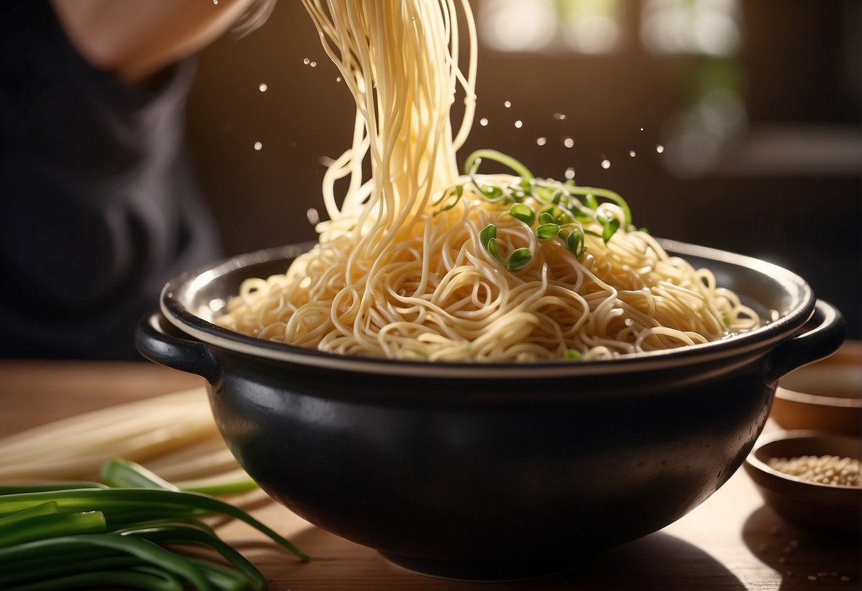 A pot of boiling water with chinese wheat noodles being dropped into it, alongside a bowl of soy sauce, sesame oil, and chopped green onions