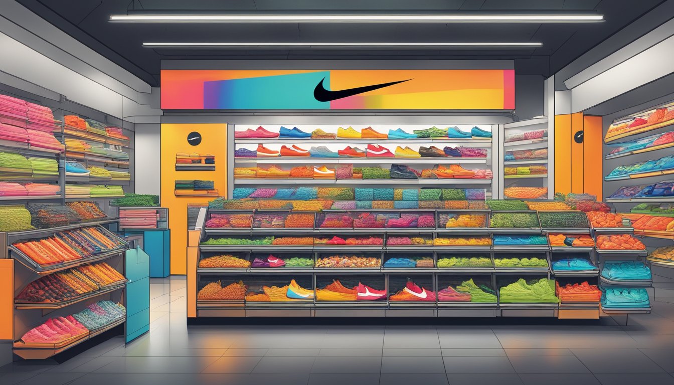 A bustling global market with Nike-owned brands displayed prominently. Vibrant colors and bold logos catch the eye of shoppers