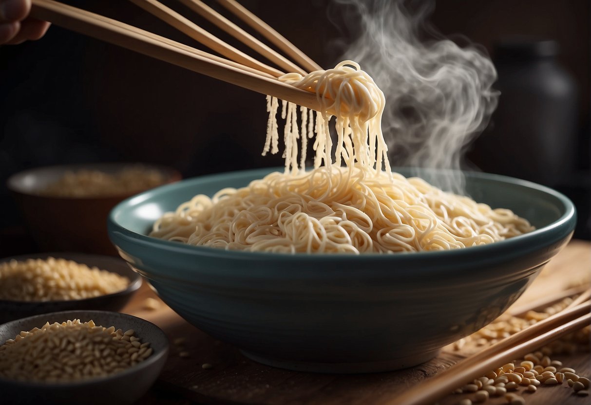 A pair of chopsticks mixing flour and water in a large bowl, creating a smooth dough for Chinese wheat noodles