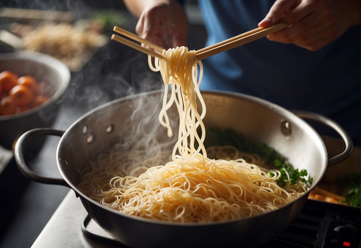Boiling water in a pot, adding Chinese wheat noodles, stirring with chopsticks, and draining noodles in a colander