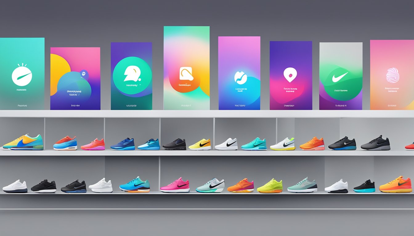 A row of colorful logos with "Frequently Asked Questions" text, all owned by Nike, displayed on a sleek digital screen