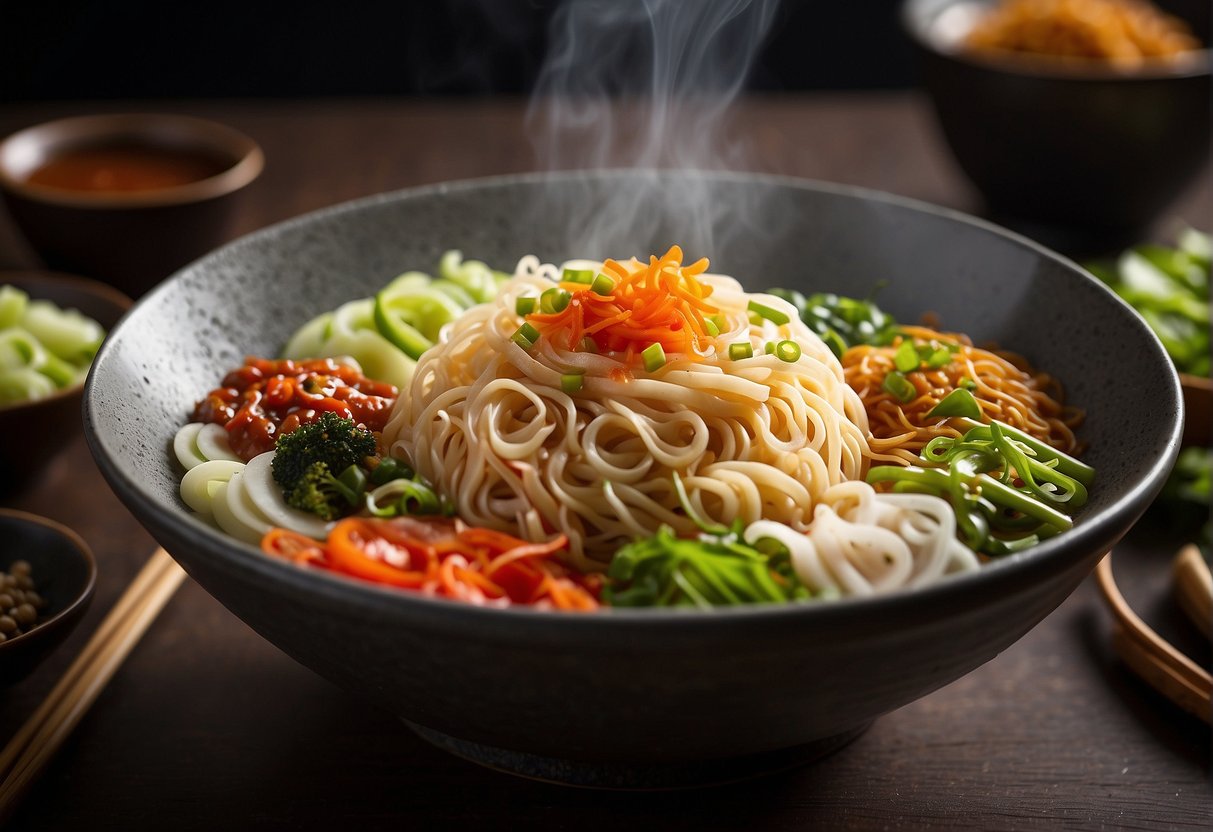 A steaming bowl of Chinese wheat noodles is topped with an array of flavourful sauces and toppings, including soy sauce, sesame oil, green onions, and chili flakes