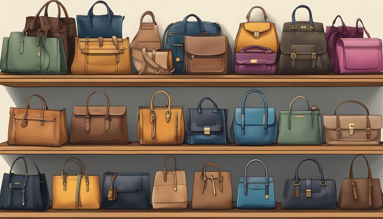 A collection of second-hand branded bags displayed on a shelf, varying in size, color, and style, with some bags open to reveal their interior compartments