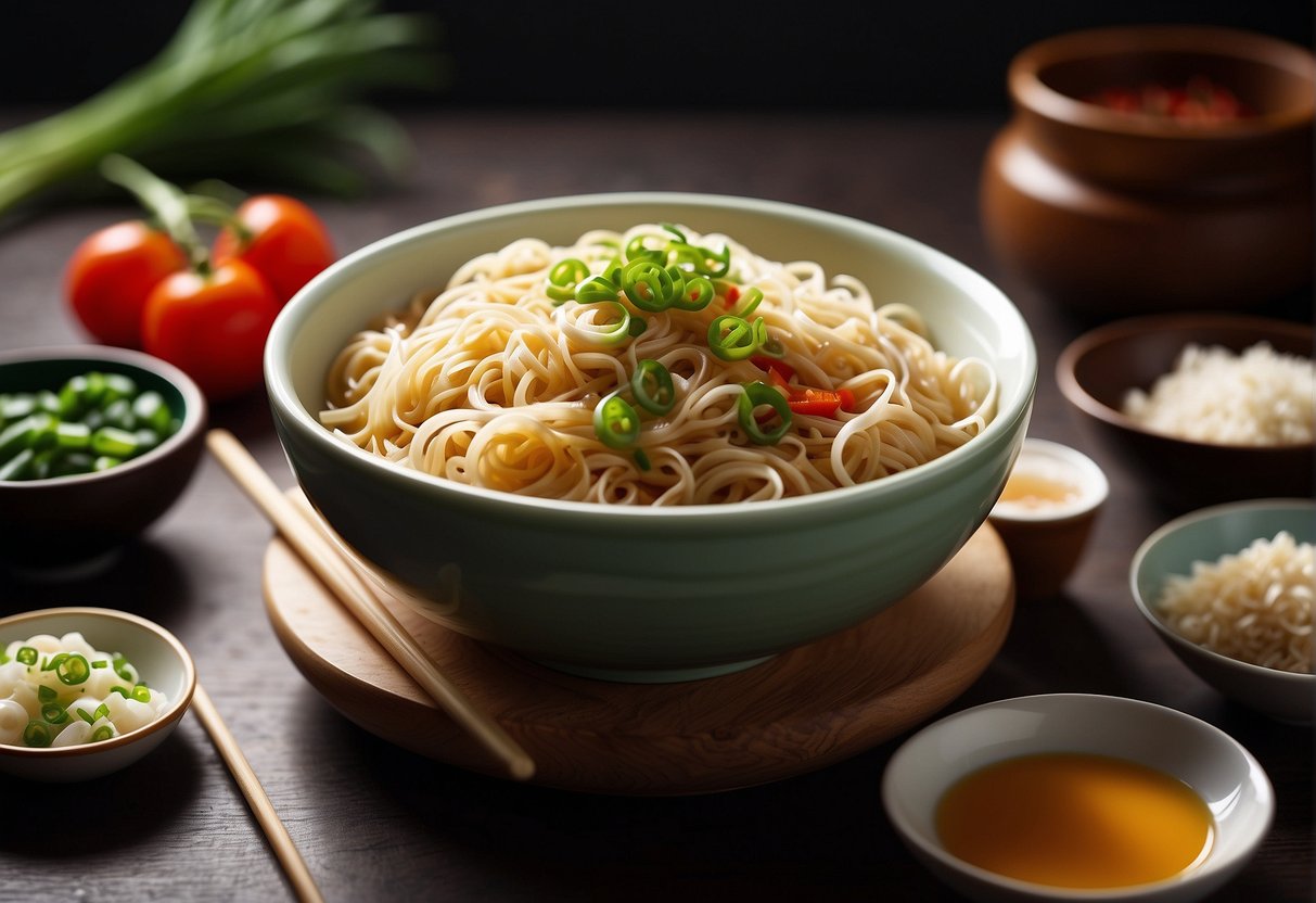 A steaming bowl of Chinese wheat noodles, surrounded by ingredients like sliced scallions, minced garlic, and chili oil. A pair of chopsticks rests on the side, ready to mix and serve