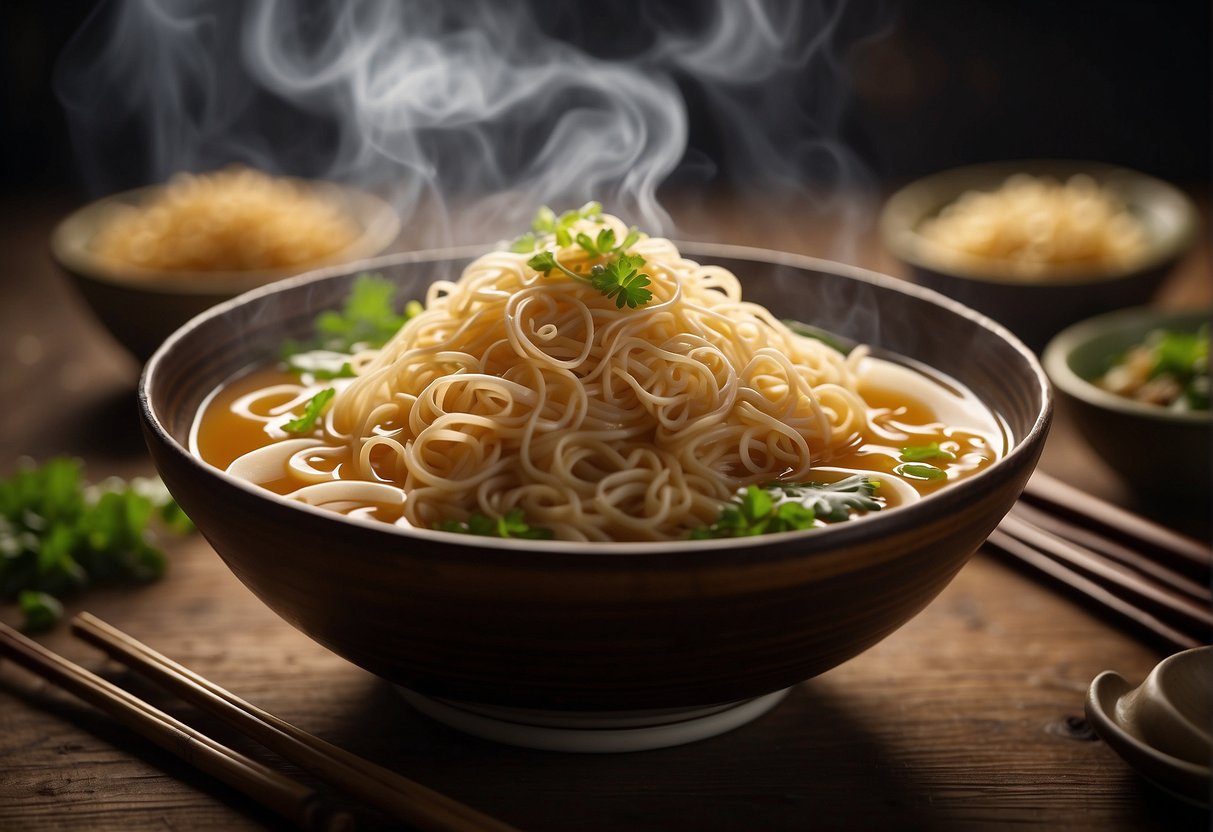 A steaming bowl of Chinese wheat noodles with chopsticks and a bowl of savory broth on a wooden table