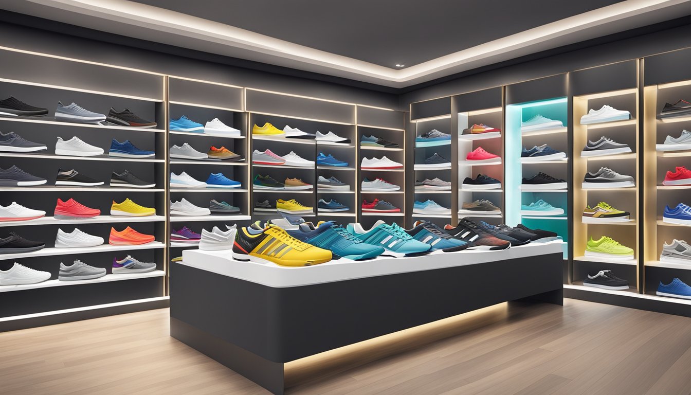 A display of popular sneaker brands in a sleek Singapore store