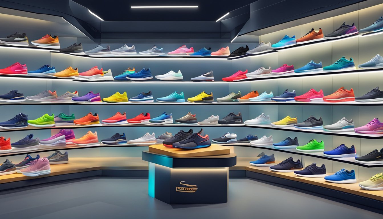 A display of top sneaker brands in Singapore, showcasing various styles and colors, arranged neatly on shelves with bright lighting