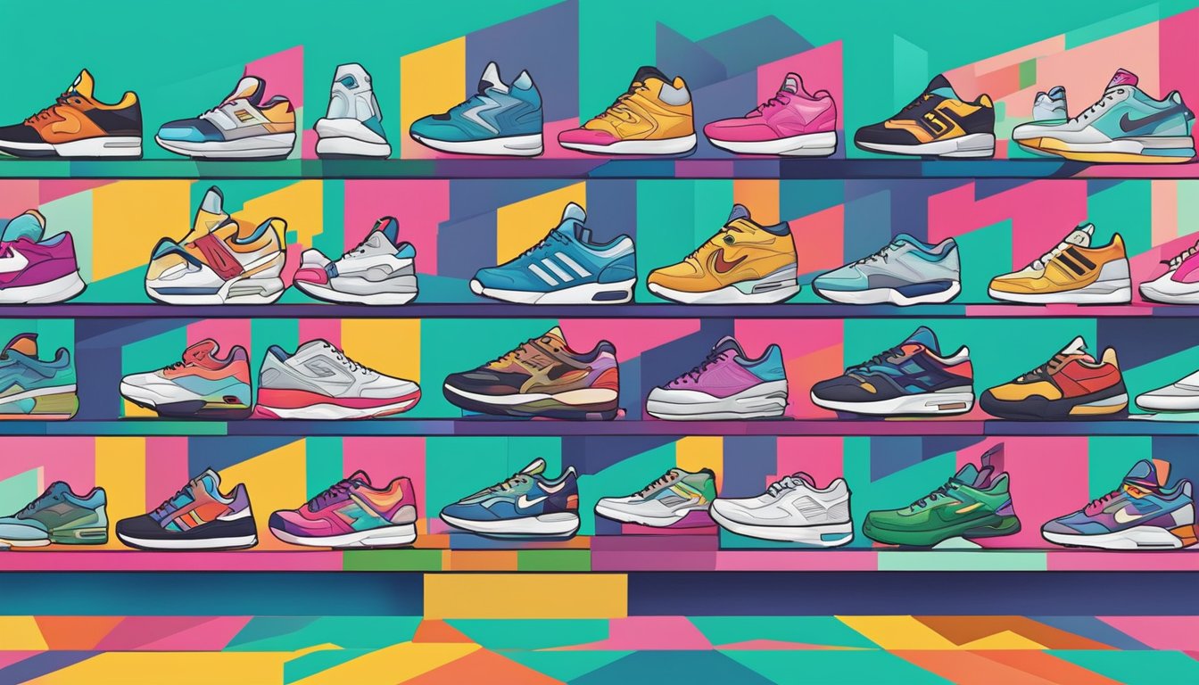 A diverse group of sneaker brands' logos and iconic designs are displayed on a vibrant backdrop, symbolizing the thriving sneaker culture and community in Singapore