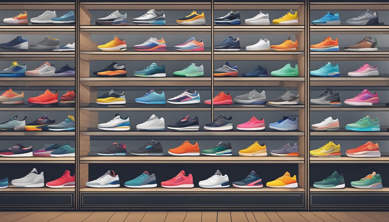 A display of various sneaker brands arranged on shelves in a modern and stylish sneaker store in Singapore