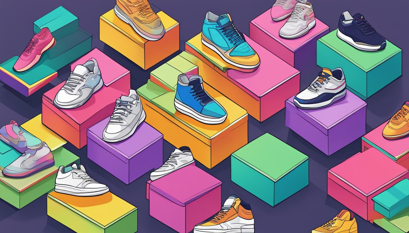 A stack of colorful sneaker boxes with "Frequently Asked Questions" displayed on a screen in a modern Singapore store