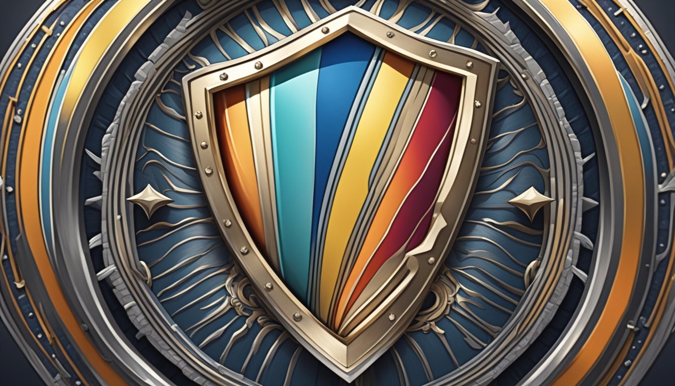A shield with a bold, trustworthy emblem stands tall amidst a sea of swirling colors, radiating strength and reliability