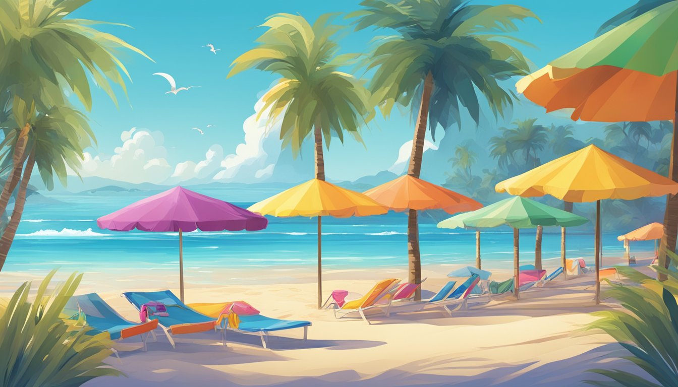 A vibrant beach scene with palm trees and clear blue waters, showcasing various swimwear brands displayed on colorful beach umbrellas