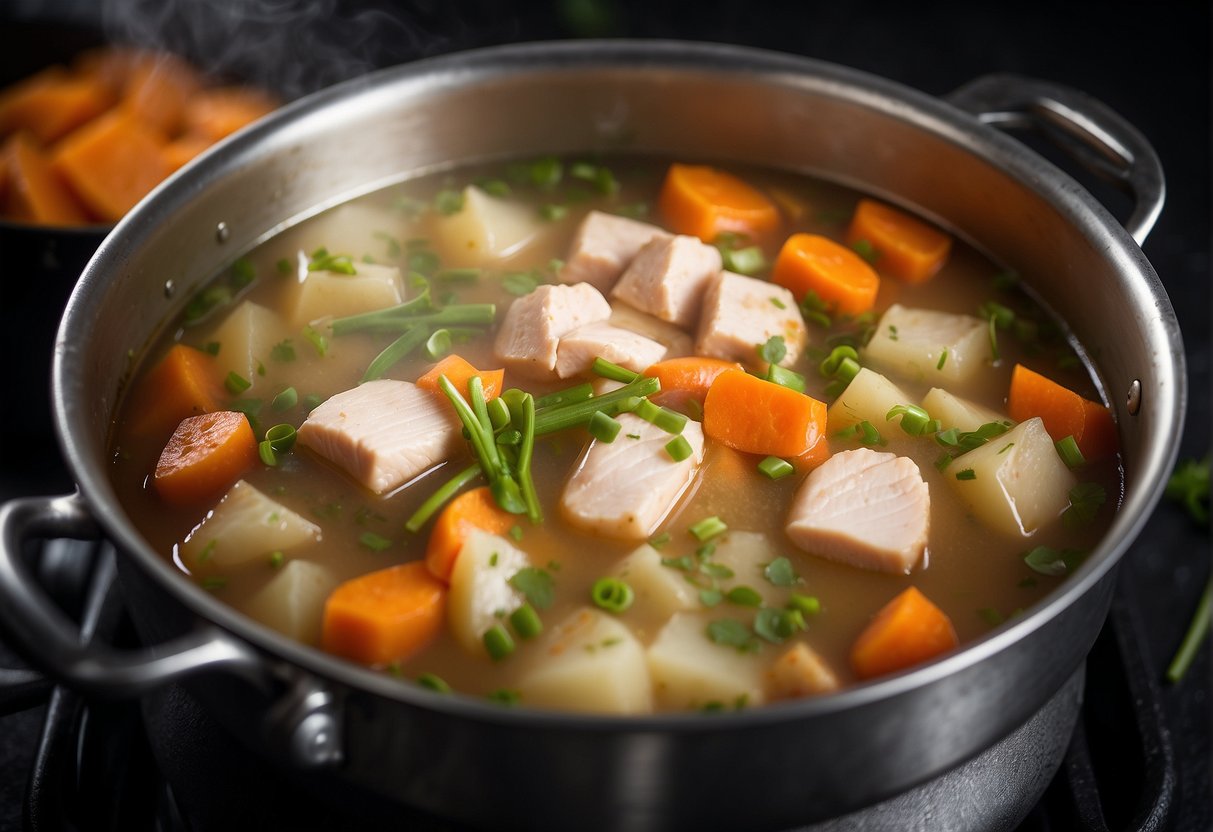 A pot simmers with clear broth, chunks of chicken, carrots, and potatoes. Steam rises as a sprinkle of green onions floats on the surface
