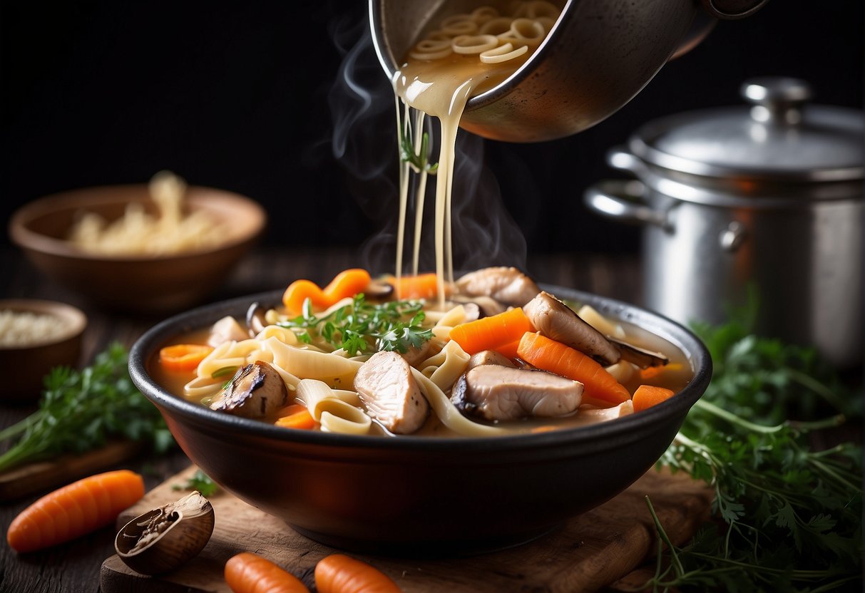 A pot simmering with chicken, carrots, and mushrooms in a clear broth, with Chinese herbs and alphabet pasta floating inside