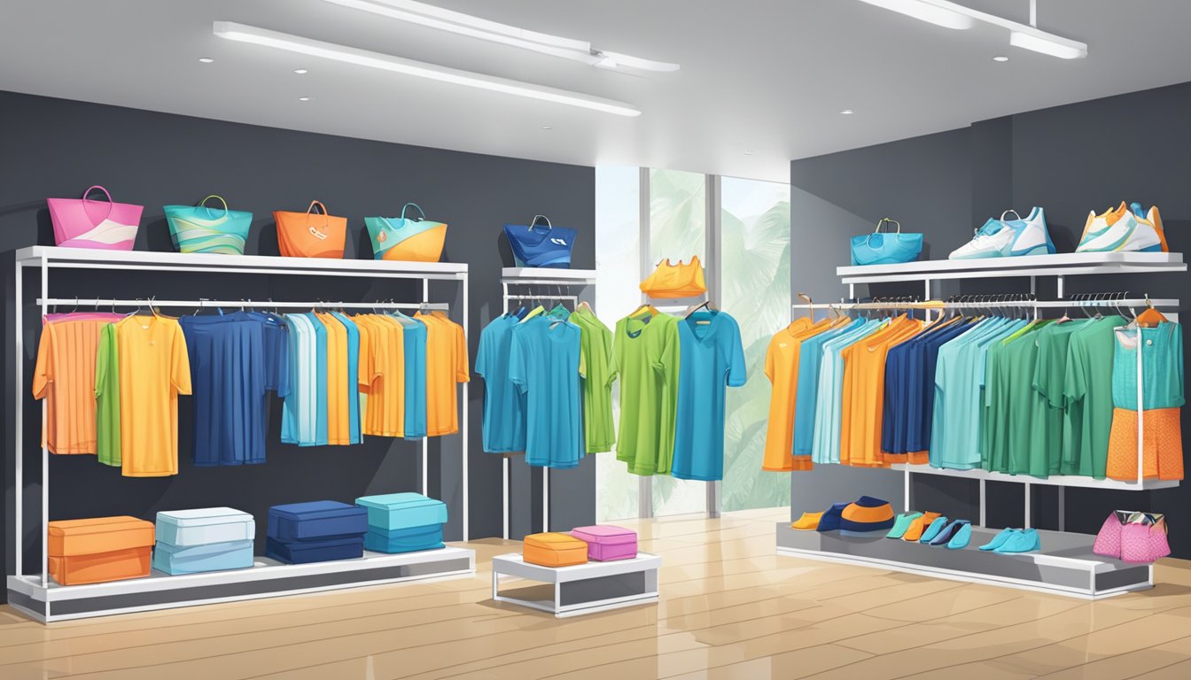 A variety of swimwear types displayed on racks in a bright, modern store with brand logos and tags visible