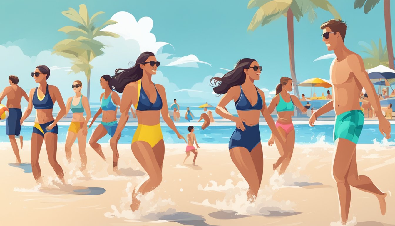 People in swimwear playing beach volleyball, surfing, and swimming laps in a pool. A variety of swimwear styles and colors