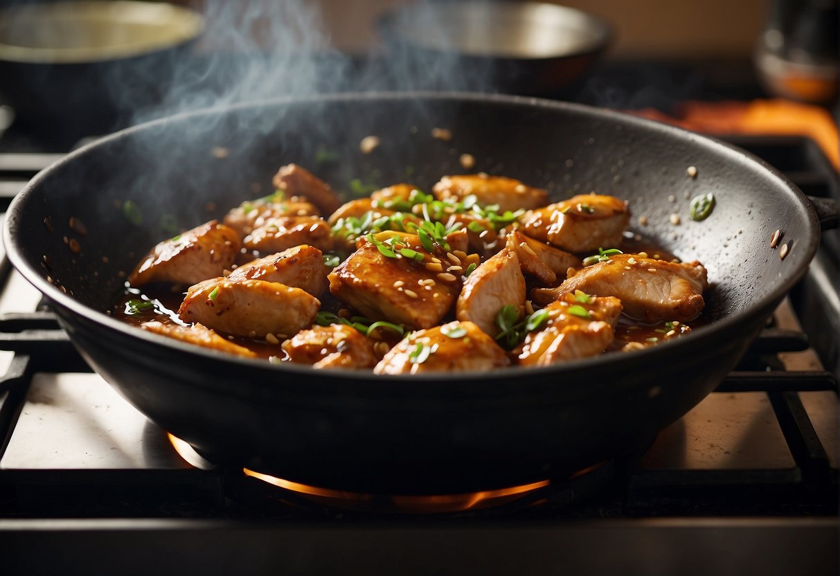 A wok sizzles with soy sauce, garlic, and ginger. Chicken thighs simmer in the savory mixture, infusing the air with the aroma of Chinese adobo