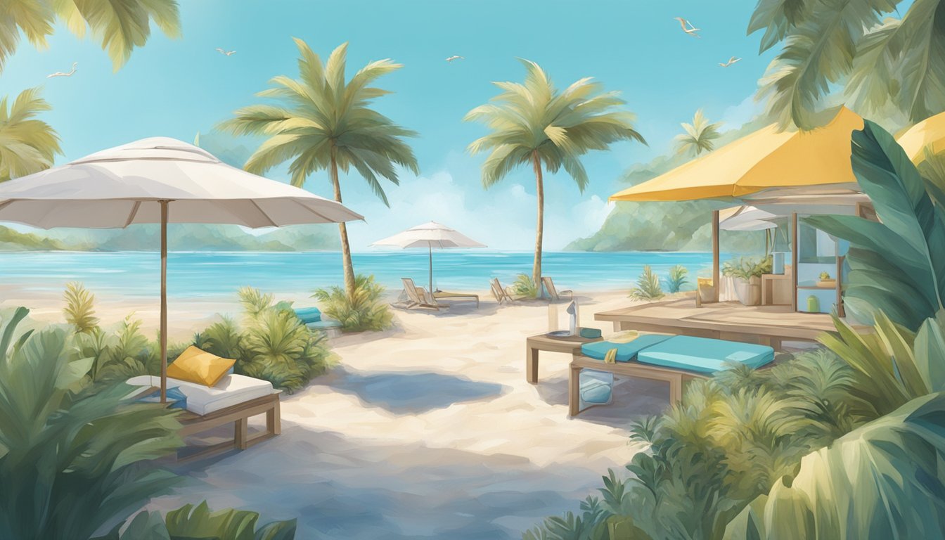 A beach scene with sustainable swimwear brands displayed on a sunny shore in Singapore. Clear blue water, palm trees, and eco-friendly materials featured