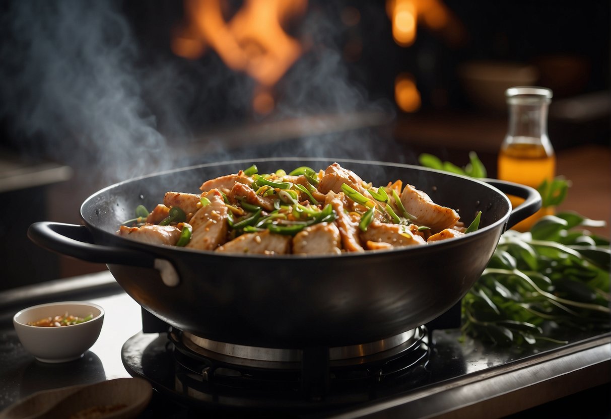 A wok sizzles with soy sauce, vinegar, and garlic. Ginger and bay leaves add aroma. A whole chicken simmers, infusing the sauce with rich flavor