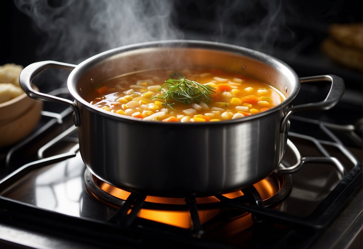A pot of soup simmers on a stove. Ingredients like chicken, corn, and carrots float in the broth. Steam rises from the pot, filling the air with savory aromas