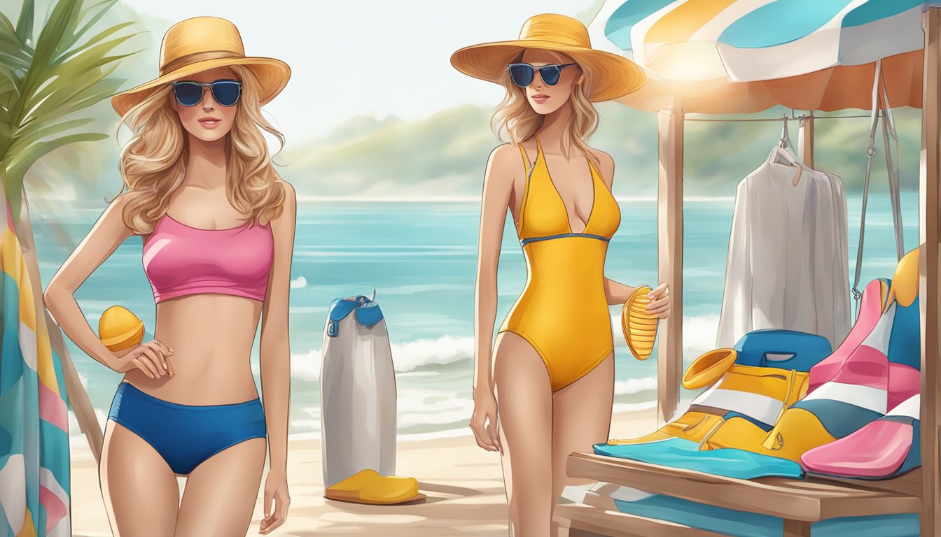 A sunny beach with stylish swimwear displayed on mannequins and functional accessories like sun hats and water shoes