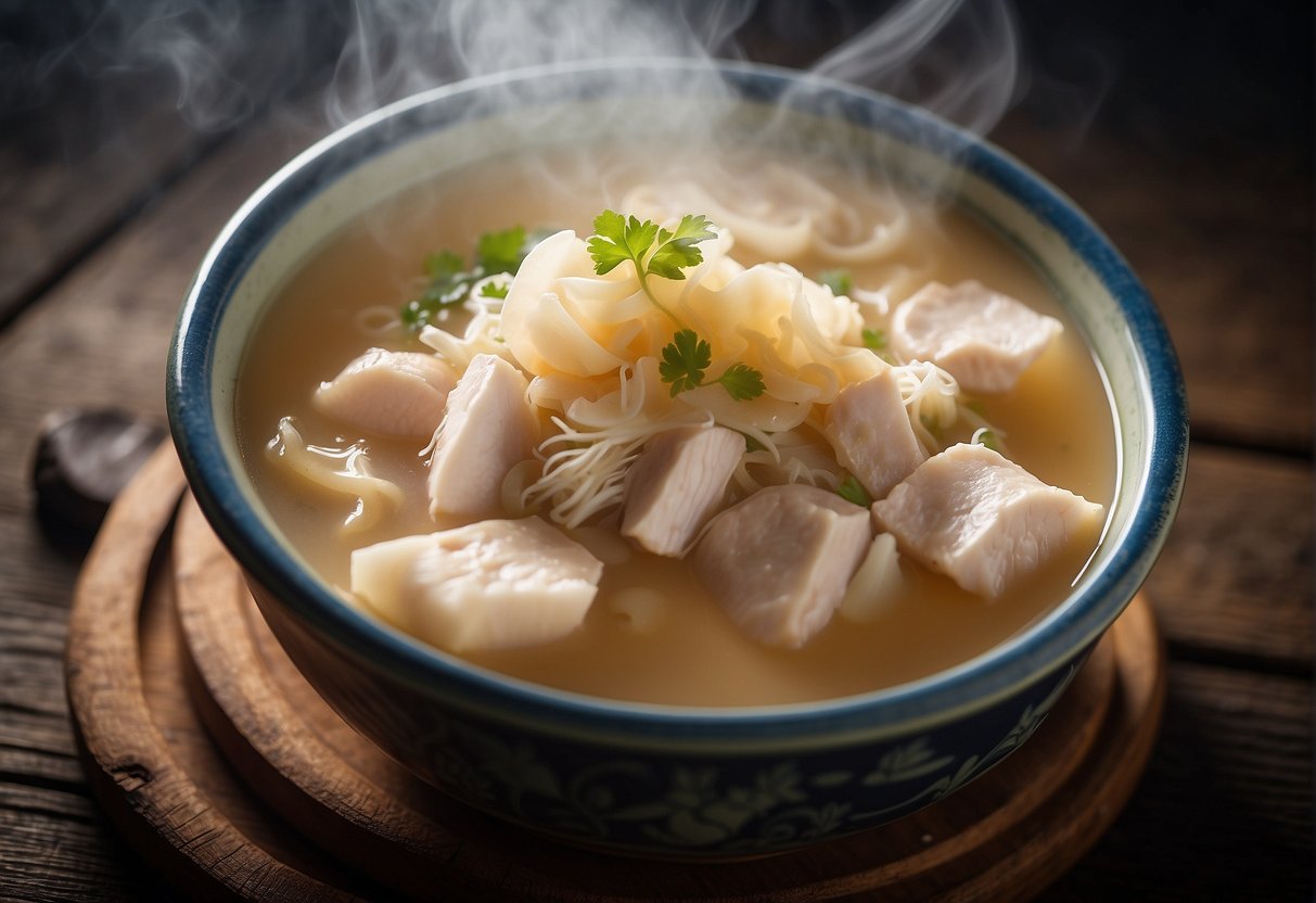 A steaming pot of Chinese white fungus chicken soup, with tender pieces of chicken and delicate white fungus floating in a clear, savory broth
