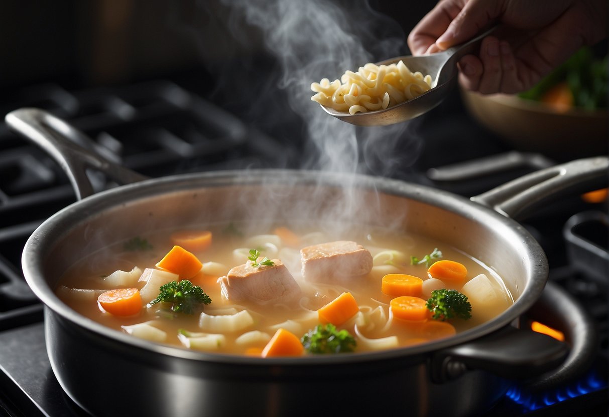A steaming pot of Chinese ABC soup simmers on a stovetop. Ingredients like carrots, potatoes, and chicken pieces float in the clear broth