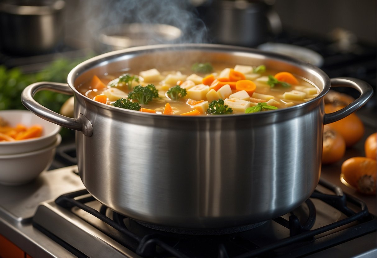 A pot of Chinese ABC soup simmers on a stovetop. Ingredients like carrots, potatoes, and pork ribs are neatly arranged on a kitchen counter
