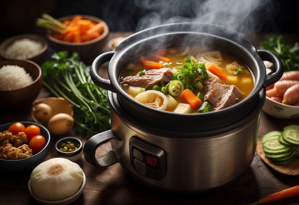 A steaming pot of Chinese ABC soup surrounded by traditional ingredients like pork ribs, carrots, and potatoes, symbolizing cultural significance