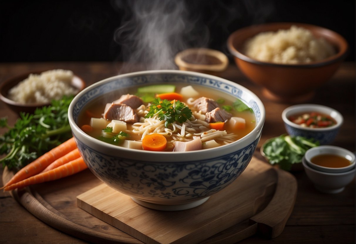 A steaming bowl of Chinese ABC soup sits on a wooden table, surrounded by fresh ingredients like carrots, potatoes, and pork ribs. A pair of chopsticks rests on the side, ready to be used