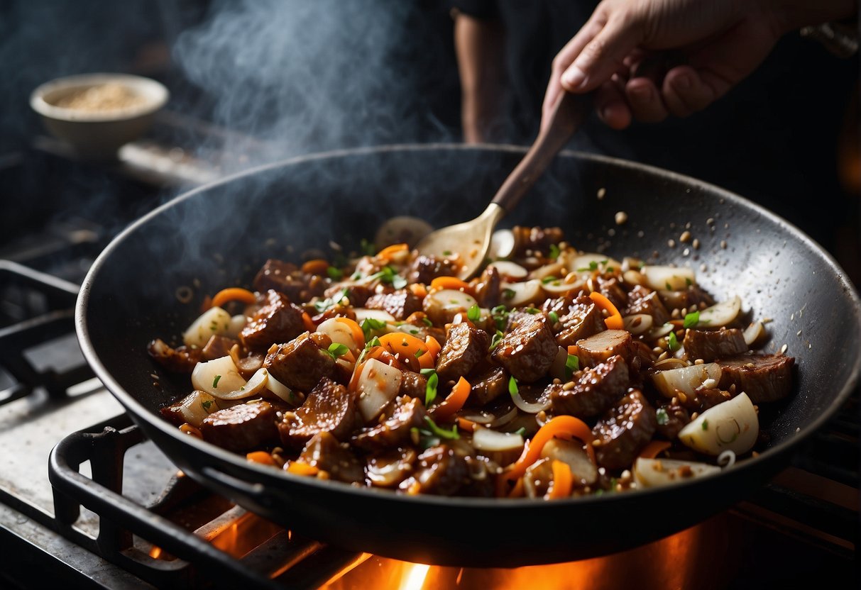 A wok sizzles with marinated meat, soy sauce, vinegar, and spices. Chopped garlic and onions sizzle in the pan