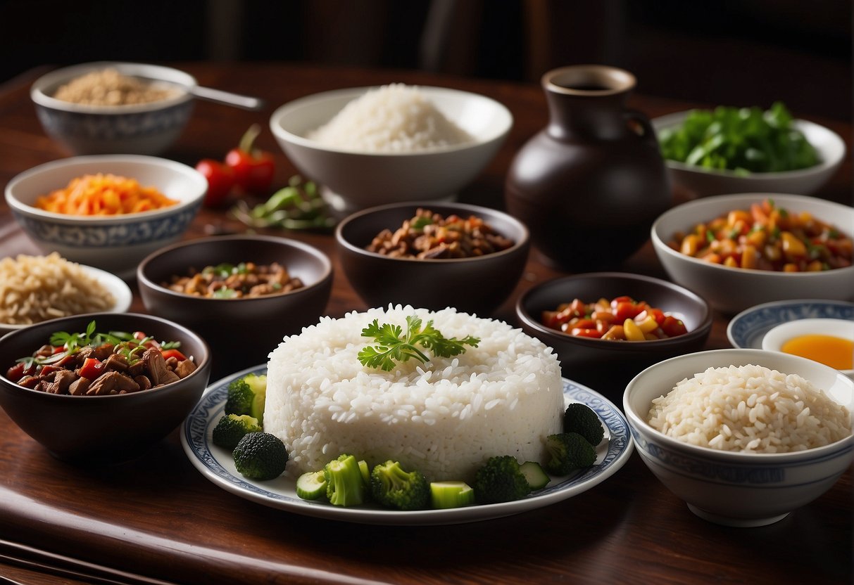 A table set with a steaming plate of Chinese adobo, surrounded by bowls of rice, vegetables, and condiments