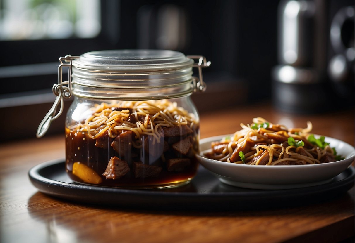 Chinese adobo in a glass container, covered with a lid, placed inside a microwave. Chopsticks resting on the side