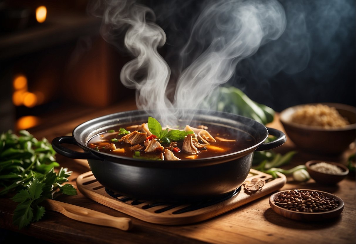 A steaming pot of Chinese adobo simmers on a stovetop, surrounded by traditional ingredients like soy sauce, vinegar, garlic, and bay leaves