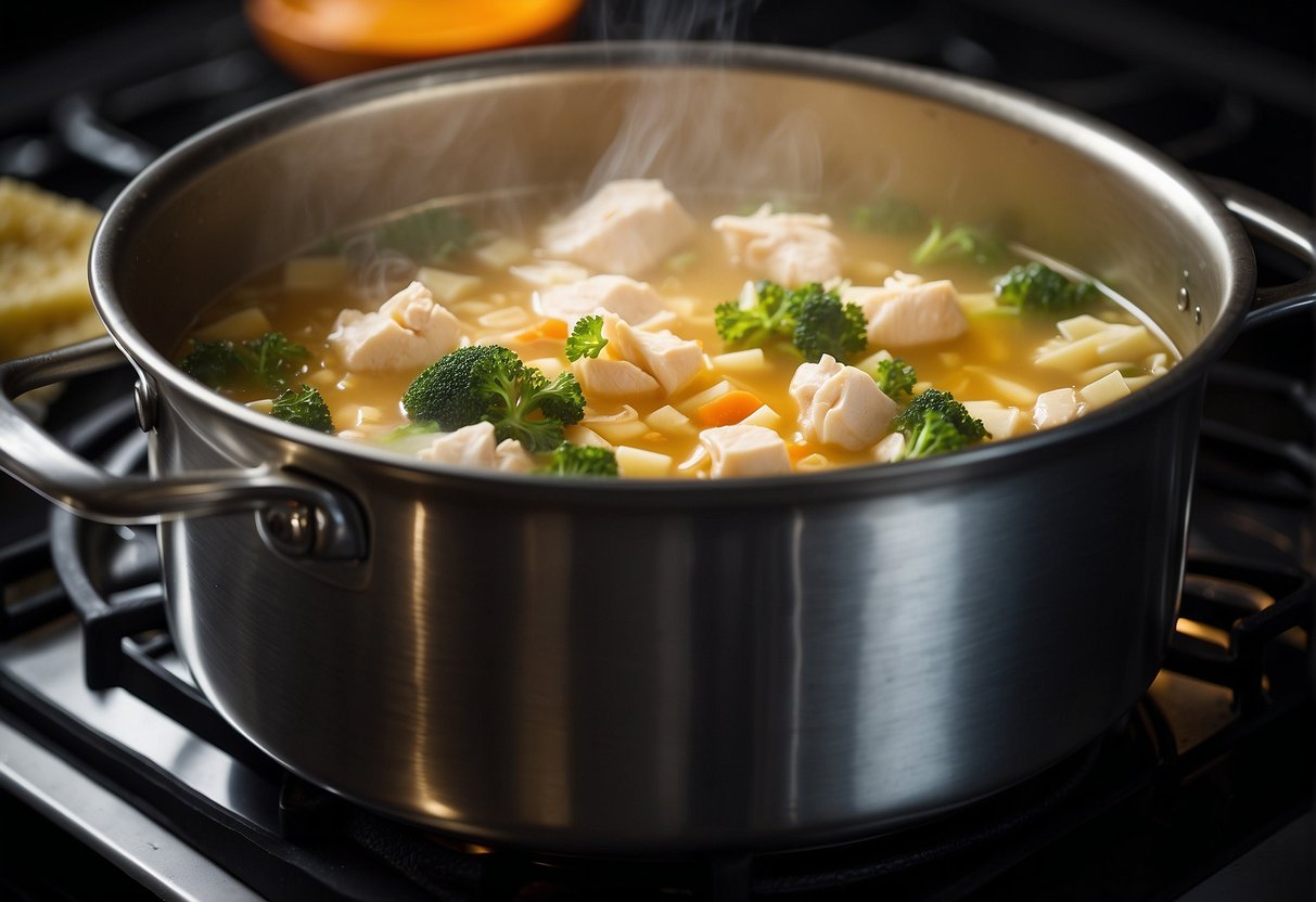 A pot simmers on the stove, filled with broth, white fungus, and chicken. Steam rises as the ingredients meld together, creating a fragrant aroma