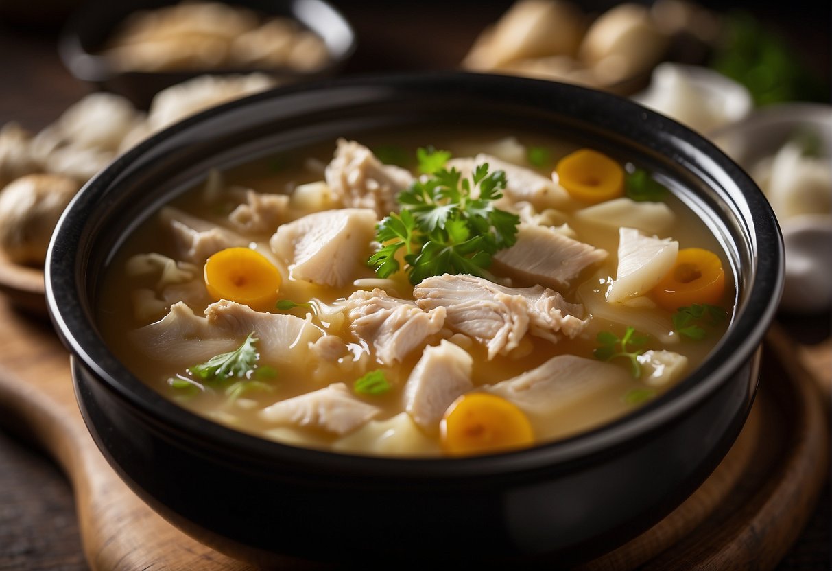A pot of simmering white fungus chicken soup with added seasonings like ginger, garlic, and soy sauce. The aroma of the soup fills the air