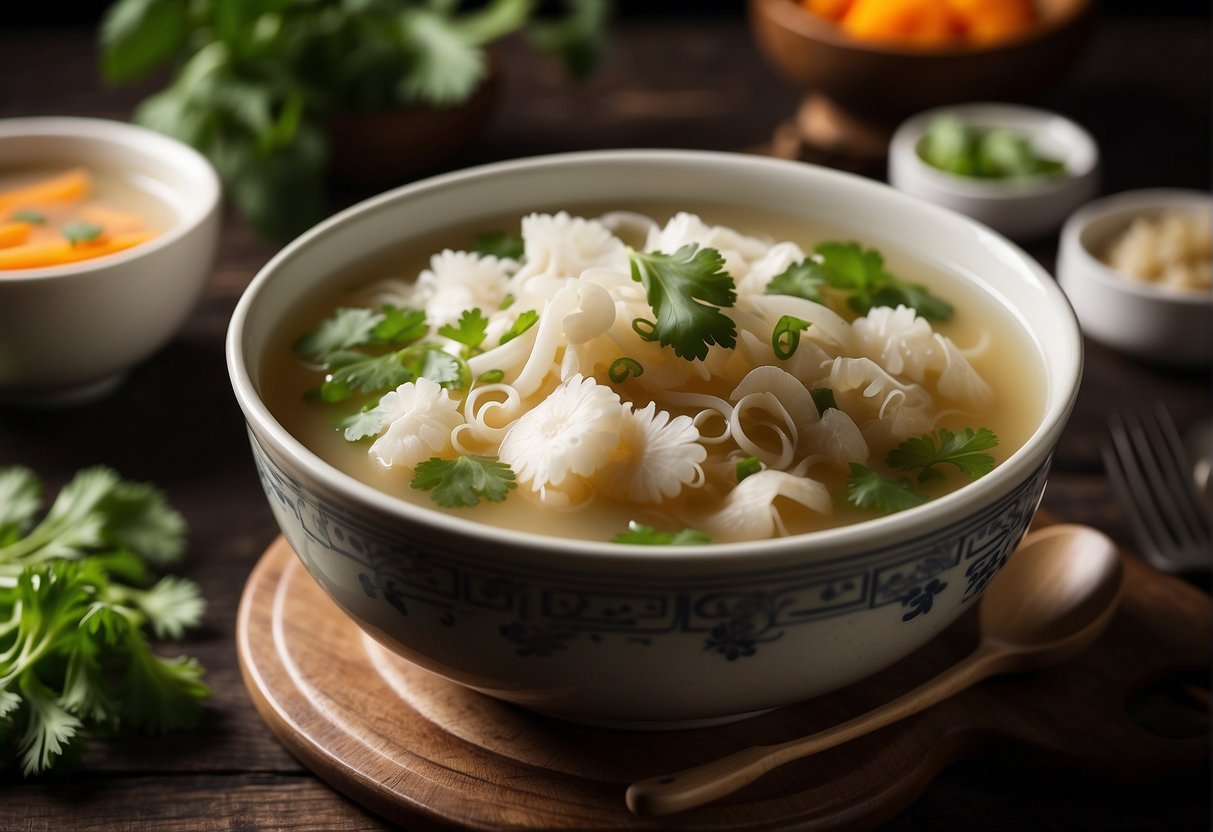 A steaming bowl of Chinese white fungus chicken soup with garnishes of green onions and cilantro on a wooden table