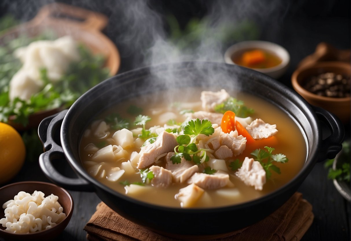 A steaming pot of Chinese white fungus chicken soup surrounded by ingredients and a recipe book