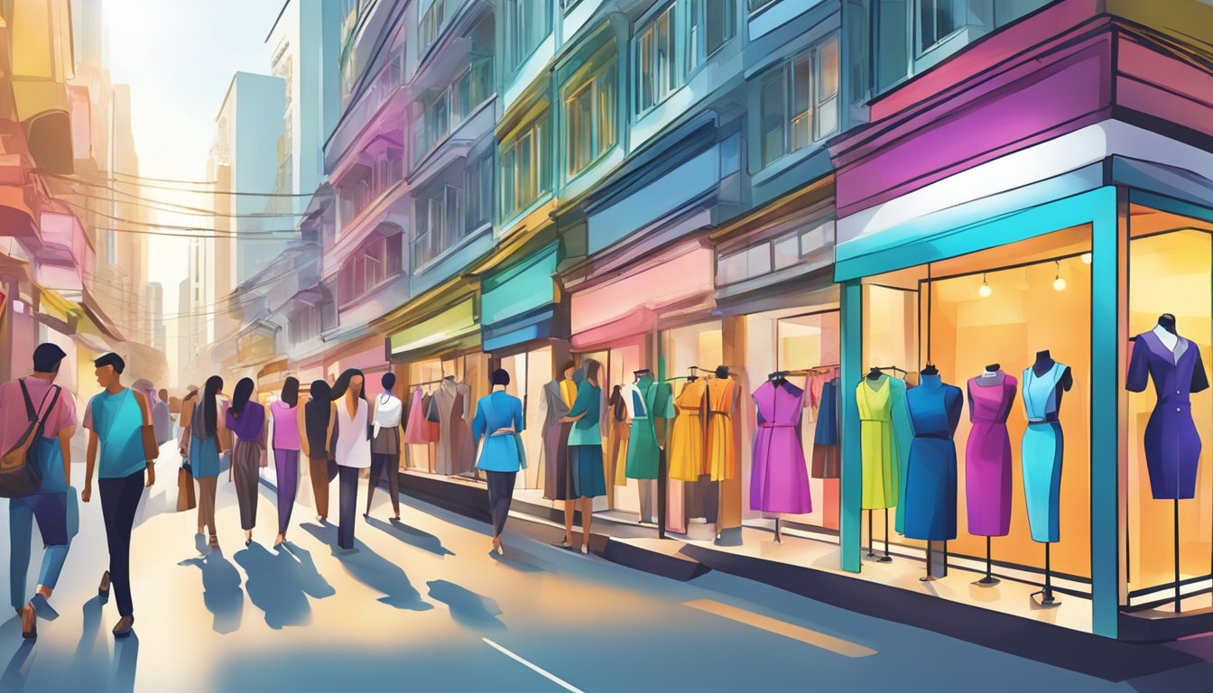 A bustling street lined with storefronts showcasing top clothing brands in Singapore. Mannequins display the latest fashion trends in vibrant colors and sleek designs