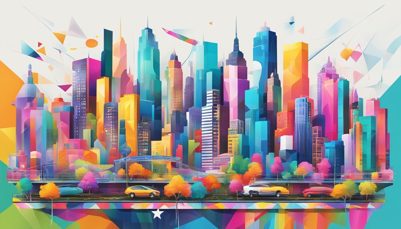 Vibrant cityscape with iconic fashion logos merging with colorful abstract art
