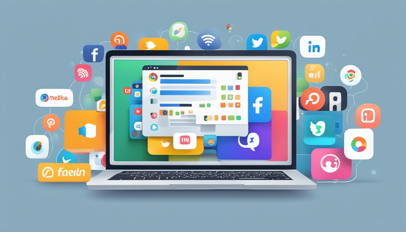 A laptop with a social media app open, surrounded by icons representing different platforms, with a brand logo prominently displayed