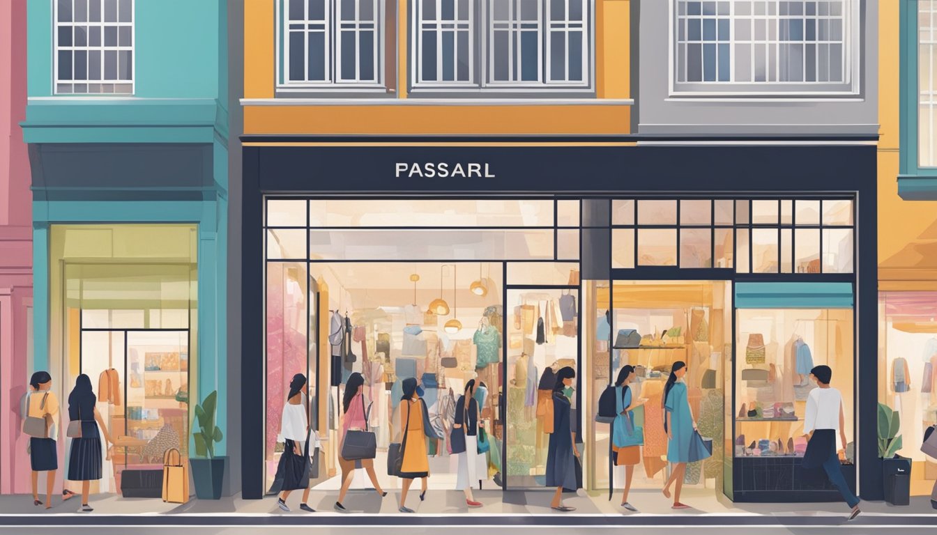 A bustling street lined with trendy boutiques showcasing local fashion brands in Singapore. Brightly colored storefronts and stylish window displays catch the eye of passersby