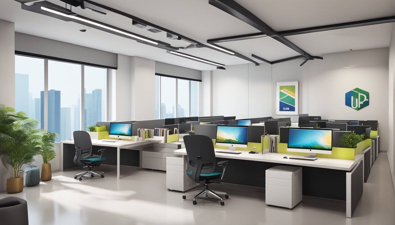 A modern office space with the company logo "uni brands pte ltd" prominently displayed on the wall. The room is filled with sleek furniture and professional decor
