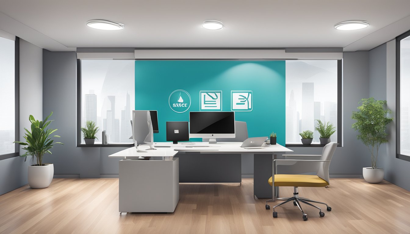 A sleek, modern office space with the company logo prominently displayed on the wall. Clean lines and professional decor convey a sense of corporate identity