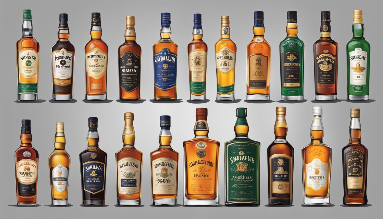A shelf lined with various whiskey brands from Singapore, each bottle labeled with distinct logos and designs