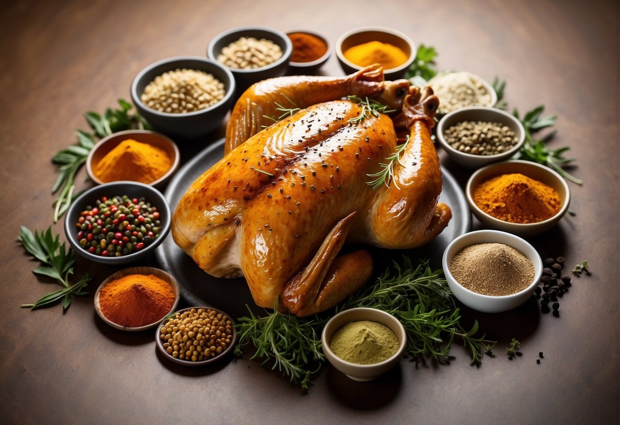 A whole chicken surrounded by various spices and herbs, with labels indicating different flavor profiles
