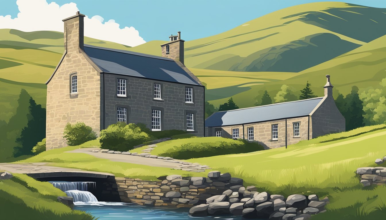 A distillery in Scotland, with rolling green hills and a quaint stone building. A clear blue sky and a small stream running nearby