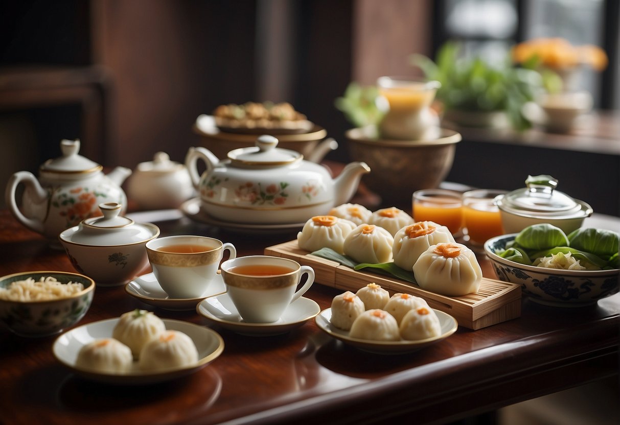 A table set with traditional Chinese afternoon tea recipes, including steamed buns, dumplings, and various teas